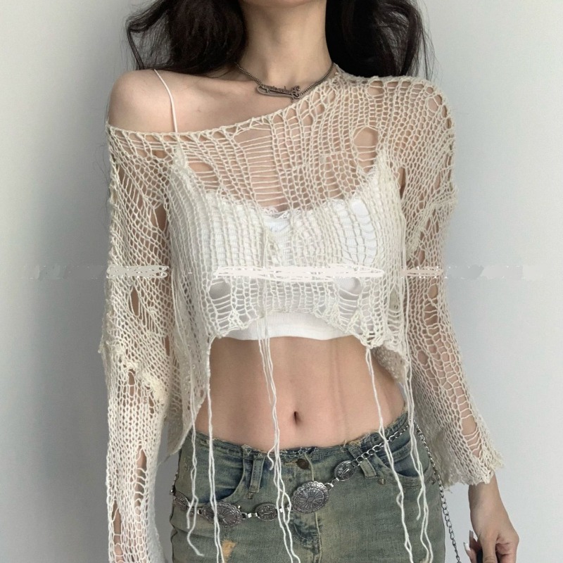 Crop Top Crochet - Deeptown Y2K femmes tricot t-shirt évider